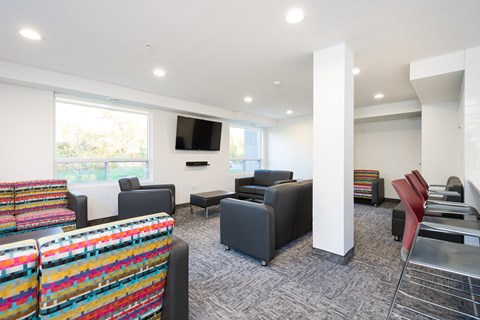 a living room with couches and chairs and a television